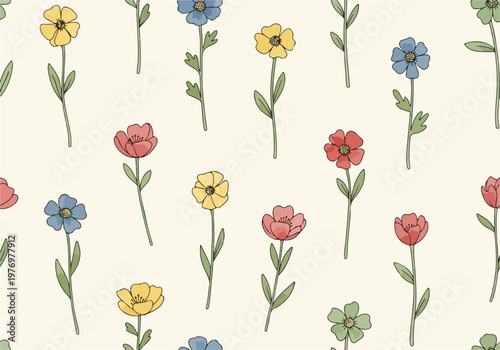 Vintage inspired floral seamless background with charming blossoms and soft natural palette