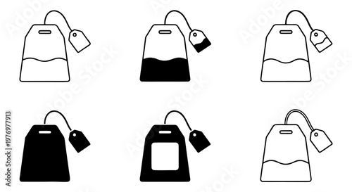 Tea bag icon set, 6 black and white vector elements, herbal tea symbols
