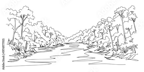 Photos tropical jungle river landscape with water lilies monoline outline vector