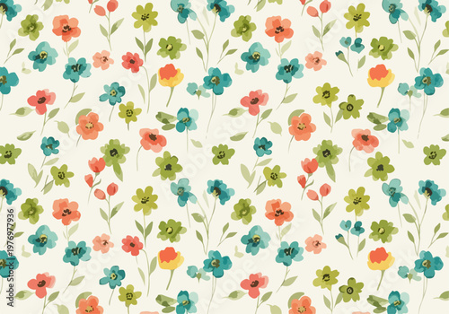 Seamless floral pattern with colorful wildflowers in soft pastel tones on light background