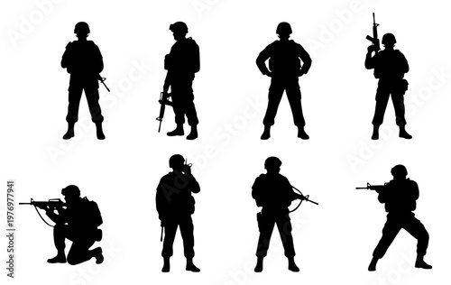 Military soldier silhouettes, 8 army infantry vector icons, combat troops