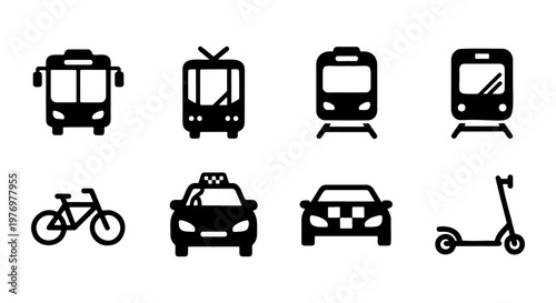 Public transport icon set, 8 city vehicle vectors, black transit symbols
