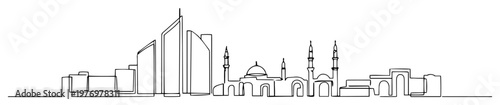 modern middle east skyline with mosque and skyscrapers monoline outline vector