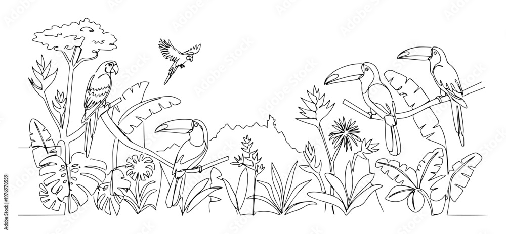 Fototapeta premium toucans in tropical jungle with plants vector art