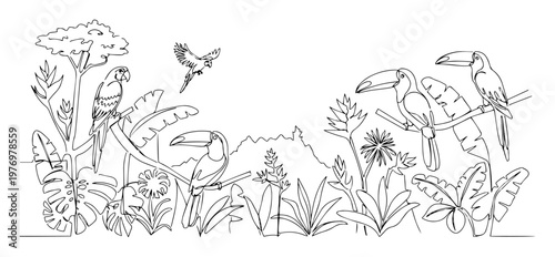toucans in tropical jungle with plants vector art