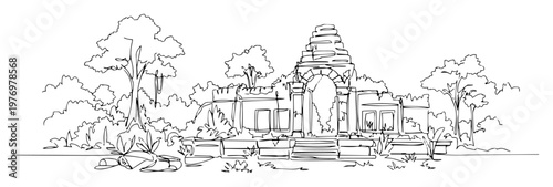 ancient jungle temple ruins in forest line art