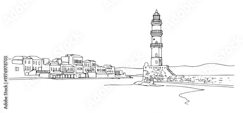 chania crete lighthouse and harbor continuous one line drawing vector