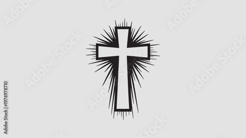 A simple black cross with sunburst lines on a beige background