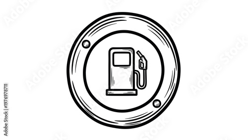 Handdrawn style gas pump icon within a bold circular badge, symbolizing fuel, energy, and automotive services. Perfect for navigation, business branding, or transportation themes.