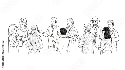 Diverse group of Arab and Asian men and women interacting, depicting cultural exchange, communication, and community dialogue. Ideal for educational and social themes.