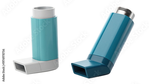Two blue and white inhalers on a black background on transparent background