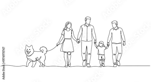 Single continuous line art of a family and their dog walking together, symbolizing unity, love, and companionship, perfect for web graphics or print media.