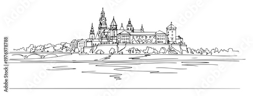 wawel castle in krakow viewed from the vistula river sketch