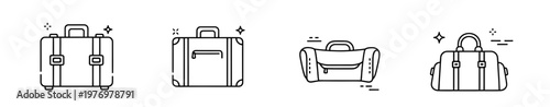 Minimalist line icons of suitcases and duffel bags for travel, vacation, and tourism designs. Ideal for apps, websites, and holidayrelated projects.