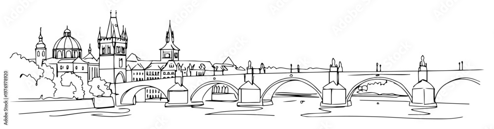 Fototapeta premium charles bridge with prague skyline in linear engraving vector art