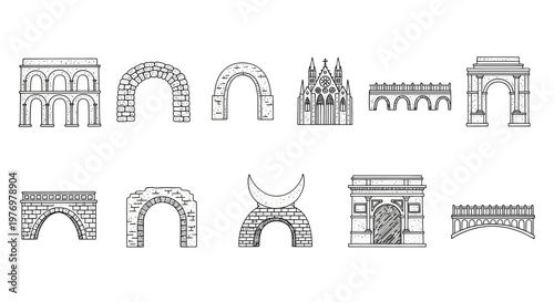 Collection of diverse architectural structures featuring classical arches, historical bridges, and a detailed cathedral building, perfect for educational and travel related projects.