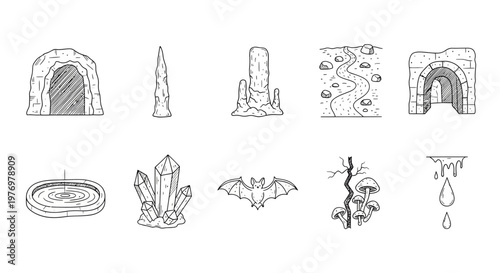 Set of black and white hand drawn cave and dungeon icons including entrances, stalagmites, crystals, mushrooms, and a bat, perfect for game design.