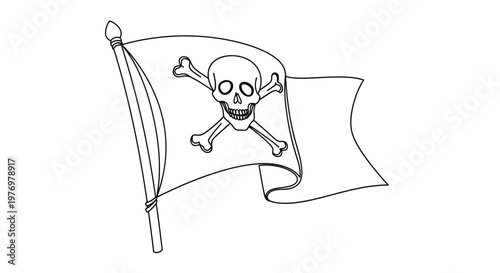 Classic pirate flag with skull and crossbones design, waving on a pole, ideal for themes of adventure, danger, or rebellious spirit.