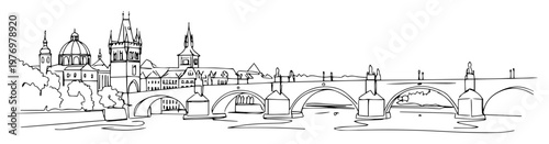 charles bridge with prague skyline in linear engraving vector art
