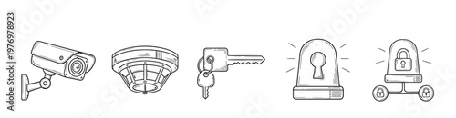 A collection of handdrawn line icons representing security and safety devices like cameras, alarms, and keys, ideal for web and application design.