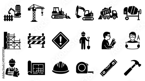 Essential construction and engineering icons featuring various machinery, tools, and workers, ideal for conveying building and development concepts.