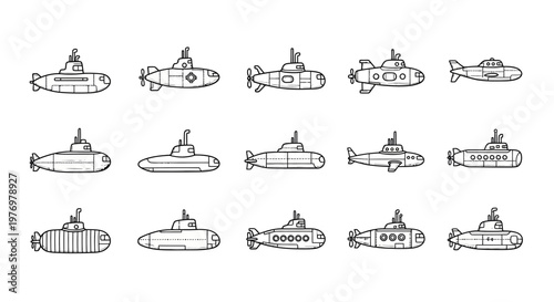 Various handdrawn submarine icons depicting different underwater vessels and transportation for diverse graphic resource needs.