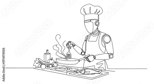Continuous line drawing of an AI robot chef preparing food in a modern kitchen, illustrating automation, culinary technology, and the future of cooking innovation.