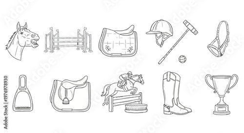 Outline drawings of various equestrian sport items including horse gear, riding apparel, and competition awards. Ideal for educational projects and sportthemed designs.