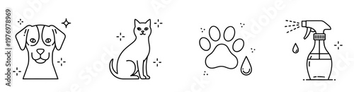 Simple black outline icons representing pet grooming and hygiene, including a dog, cat, paw print, and cleaning spray, useful for various petrelated applications.