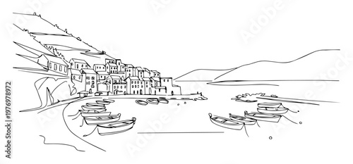 coastal italian village with boats and sea vector sketch