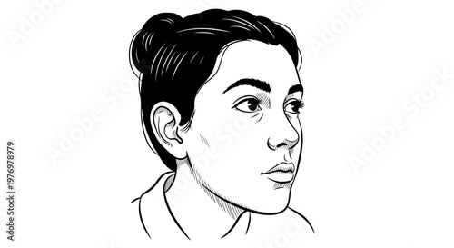 Monochrome line drawing of a womans profile, capturing focused gaze and elegant simplicity, suitable for modern visual communication and diverse graphic needs.
