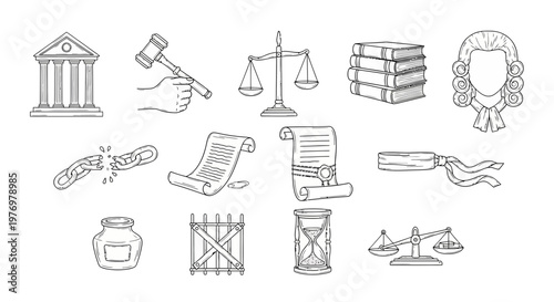 Set of outline legal and justice icons representing courthouse, gavel, scales, law books, judge wig, broken chain, documents, prison bars, and hourglass, useful for legal content.