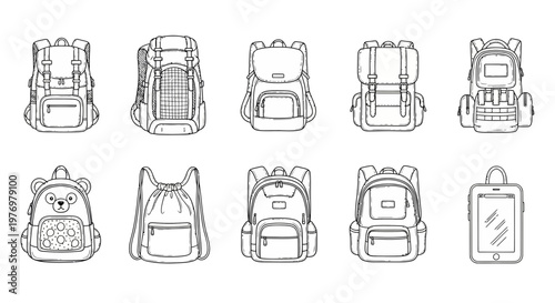 Set of black and white line backpack drawings. Diverse styles include school, hiking, and casual bags, suitable for educational content, product catalogs, or fashion projects.