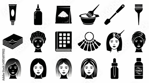 Professional hair coloring and care tools, products, and processes represented as a detailed icon set for salon services, home treatment guides, and beauty industry applications.