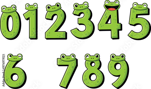 Cute Frog Style Cartoon Numbers Set from Zero to Nine with Funny Green Animal Characters for Kids Learning and Educational Design