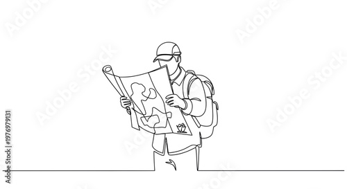 Continuous line drawing of an adventurous traveler studying a map. Ideal for illustrating journey planning, outdoor exploration, and navigation concepts.