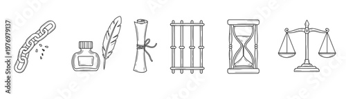 Hand drawn outline vector set of legal and historical symbols depicting justice, law, freedom, and time, useful for educational and judiciarythemed presentations.