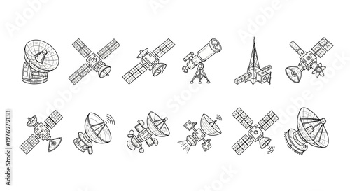 Outline set of space technology equipment including communication satellites, radar dishes, and astronomical telescopes, perfect for scientific education or technological presentation concepts.