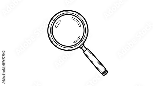 Simple black and white line drawing of a magnifying glass, perfect for symbolizing search, investigation, focus, and discovery in a wide range of educational and business applications.