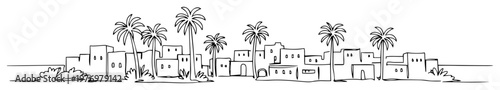 Foto desert oasis village with palm trees houses silhouette monoline lineart vector o