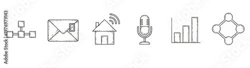Handdrawn business and technology icons covering communication, smart home, data analysis, and network concepts for digital applications and interfaces.