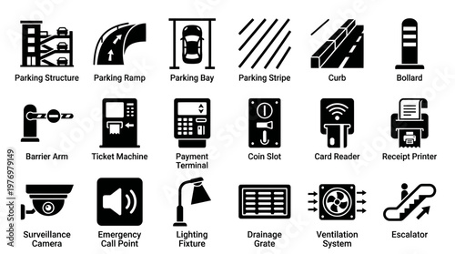 Comprehensive collection of parking facility and urban infrastructure icons for various public space planning, navigation, and security system design projects.
