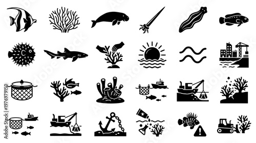 Vector icon set depicting diverse marine life, coral reefs, ocean environments, and human impacts like pollution and fishing, ideal for educational and environmental awareness campaigns.