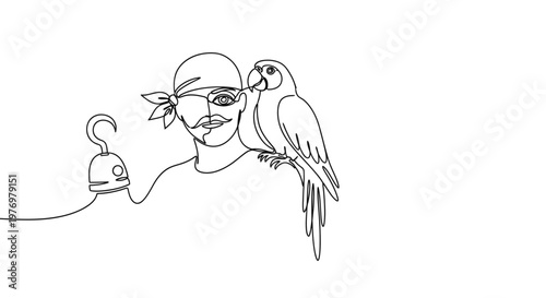 Single continuous line art portraying a pirate with an eye patch, hook hand, and a parrot, perfect for adventure branding, unique graphic design, and captivating marketing campaigns.