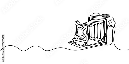 Minimalist single line drawing depicts a vintage bellows camera, symbolizing classic photography. Ideal for simple graphics, historical projects, or elegant visual concepts.