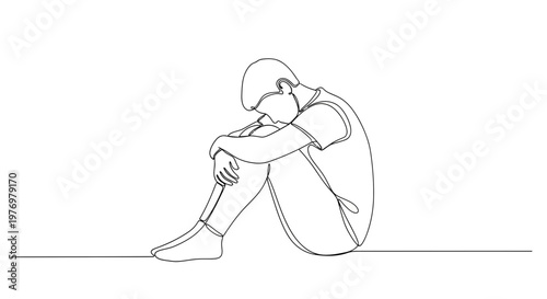 Single continuous line drawing of a person sitting alone, head down, conveying sadness, loneliness, and depression, ideal for mental health, grief, or emotional support themes.