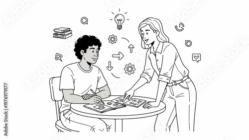 Black student and female mentor collaborate on learning materials, surrounded by icons representing ideas, process, and knowledge, ideal for education and skill development topics.
