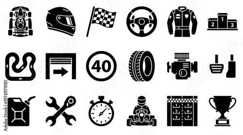 Black and white icons representing gokart racing elements including vehicles track equipment tools and awards perfect for sports game interfaces or branding.