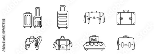 Vector set of various suitcases, briefcases, and travel bags for tourism, holidays, and business travel. Ideal for app UI, web graphics, or print materials.