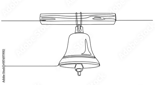 Continuous line drawing featuring a traditional bell suspended from a wooden beam, embodying simplicity and minimalist style, ideal for education and decorative purposes.